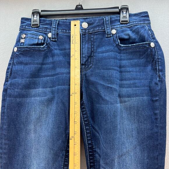 Miss Me Jeans Women's 29x29.5 (8) Dark Blue Easy Skinny Sequins Flower Bling - Picture 12 of 14